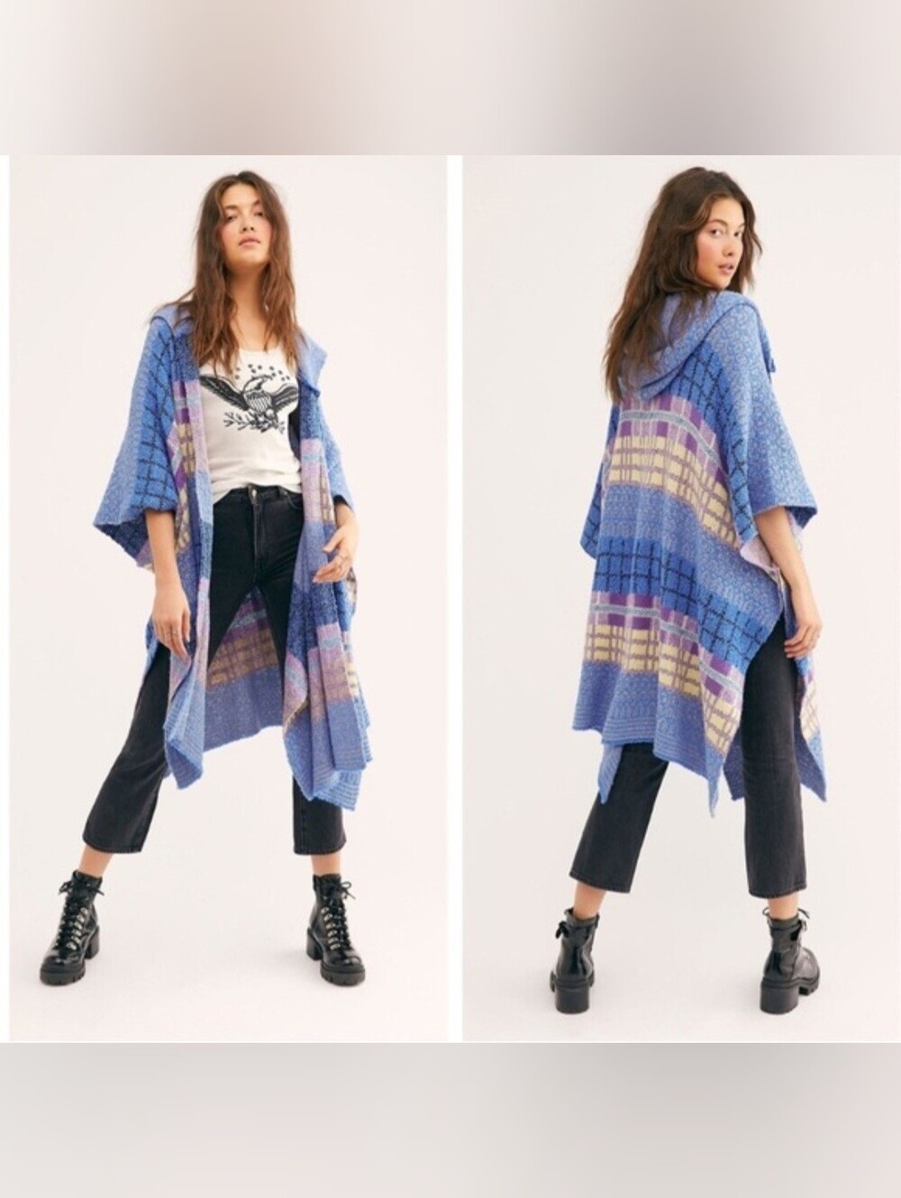 Free People Mercer Sweater Kimono Cardigan Poncho OS Blue Plaid Boho Cozy Hooded